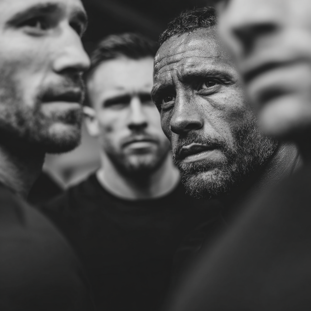 Group of motivated men training together in supportive team environment, showing brotherhood and determination