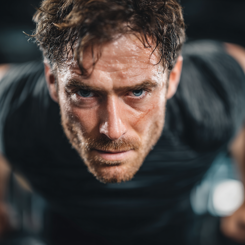 Strong determined man working out in modern gym, focusing on strength training with intense concentration